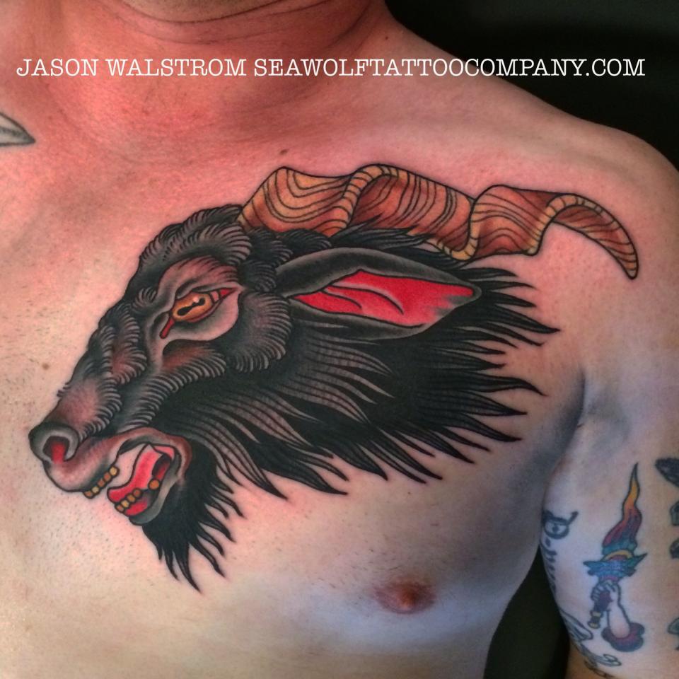 Traditional Goat Head Tattoo On Man Left Front Shoulder