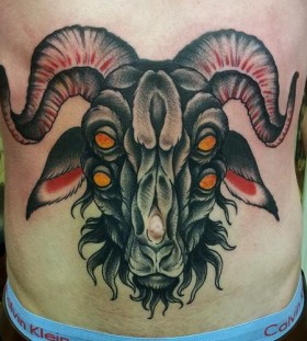 Traditional Goat Head Tattoo On Man Stomach