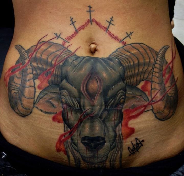 Traditional Goat Head Tattoo On Waist By Alex Gotza