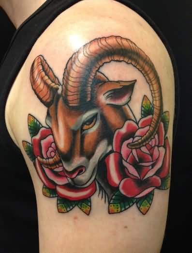 Traditional Goat Head With Roses Tattoo On Left Shoulder