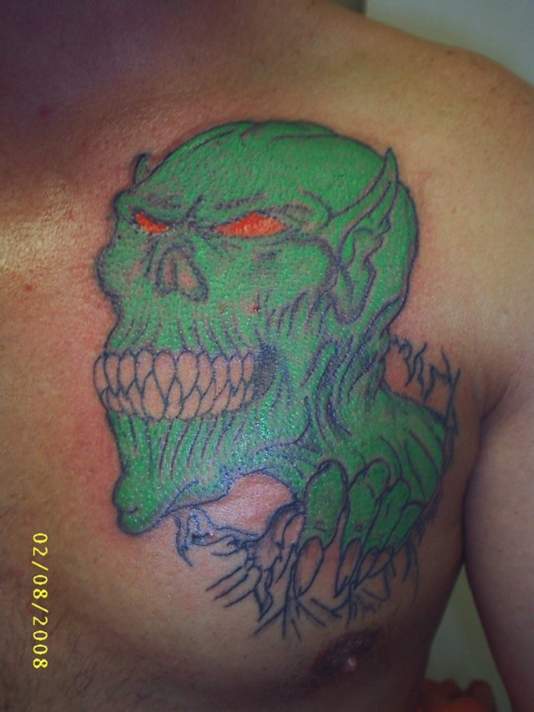 Traditional Goblin Head Tattoo On Right Back Shoulder