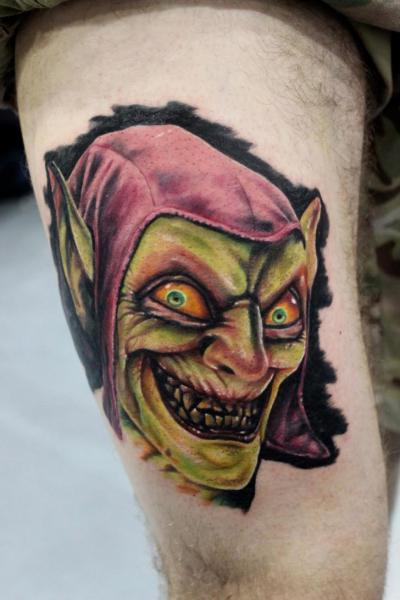 Traditional Goblin Head Tattoo On Right Thigh