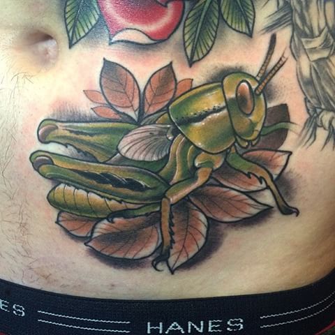 Traditional Grasshopper Tattoo On Man Stomach