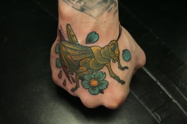 Traditional Grasshopper Tattoo On Right Hand