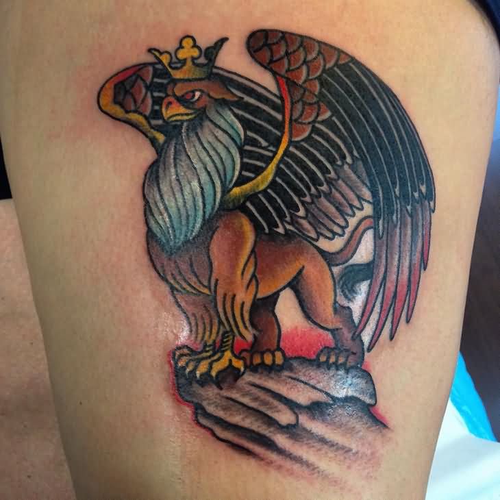 Traditional Griffin Tattoo On Left Thigh