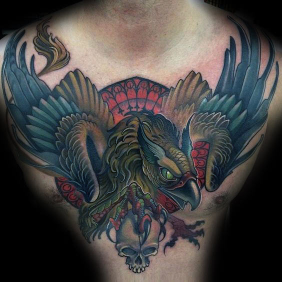 Traditional Griffin With Skull Tattoo On Man Chest