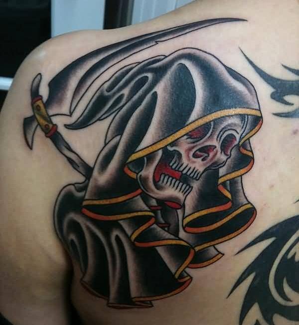 Traditional Grim Reaper Tattoo On Man Left Back Shoulder