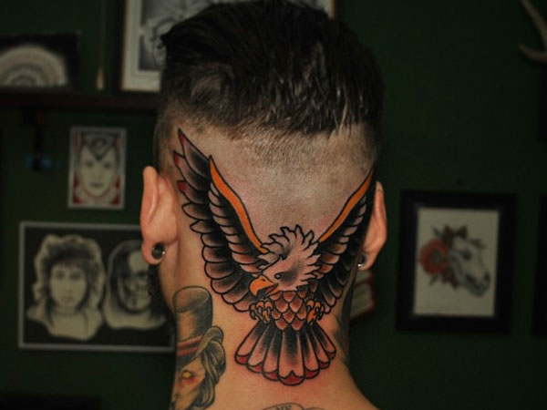 Traditional Hawk Tattoo On Man Back Neck