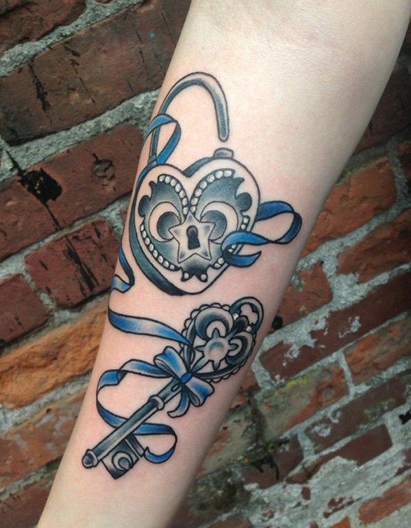 Traditional Heart Shape Lock And Key Tattoo On Right Forearm