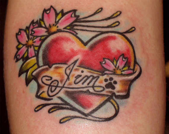 Traditional Heart With Flowers And Banner Tattoo Design For Leg Calf