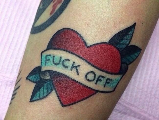 Traditional Heart With Fuck Off Banner Tattoo Design For Sleeve