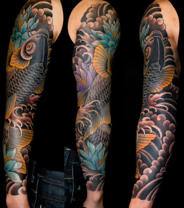 Traditional Japanese Koi Fish With Flower Tattoo On Full Sleeve