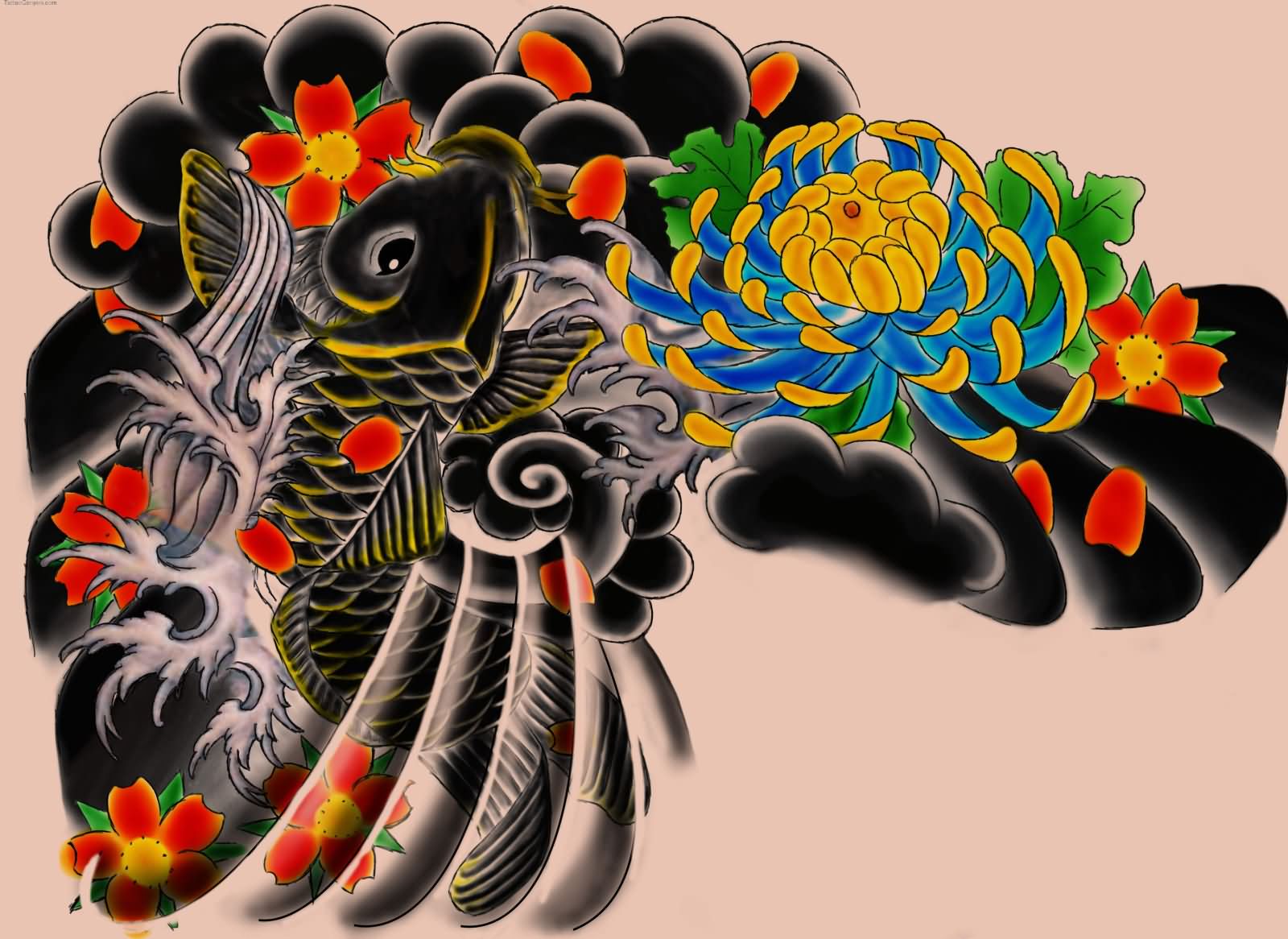 Traditional Japanese Koi Fish With Flowers Tattoo Design
