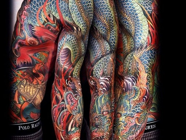 Colorful Traditional Japanese Dragon Tattoo On Left Full Sleeve