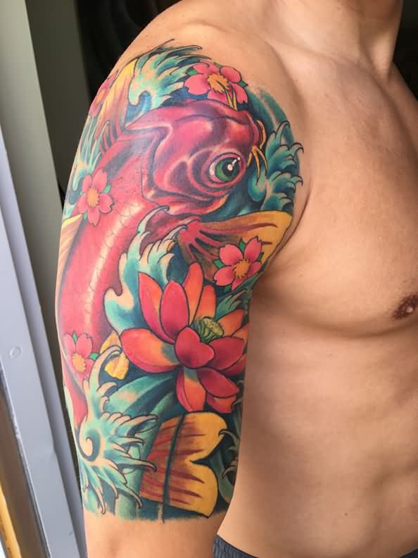 Traditional Koi Fish With Flowers Tattoo On Man Right Half Sleeve