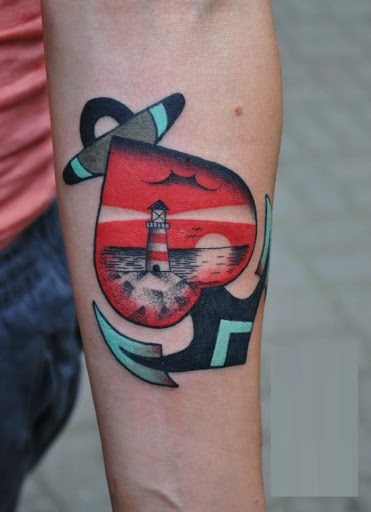 Traditional Real Heart With Anchor Tattoo On Left Forearm