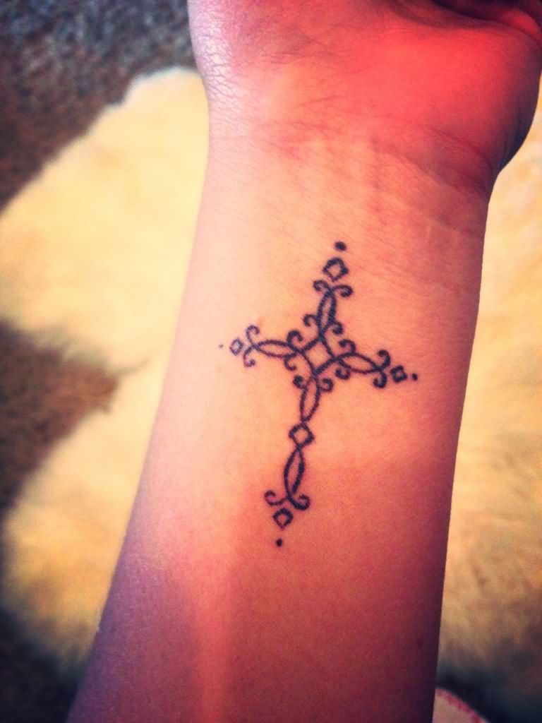 Unique Black Cross Tattoo On Wrist