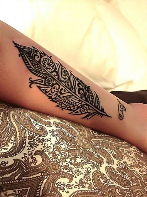Unique Black Ink Feather Tattoo Design For Forearm