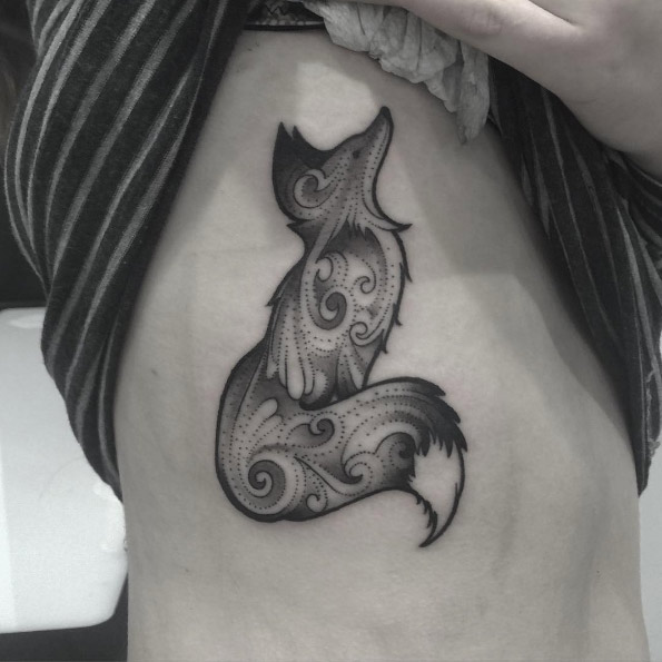 Unique Black Ink Fox Tattoo On Right Side Rib