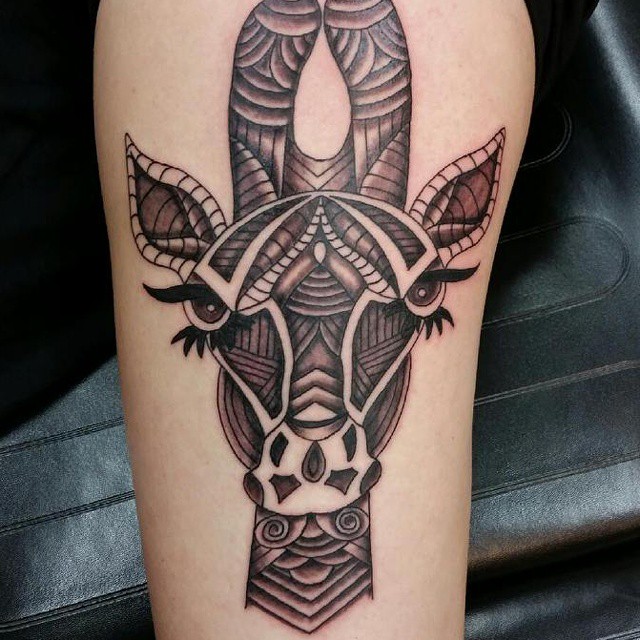 Unique Black Ink Giraffe Head Tattoo Design For Forearm