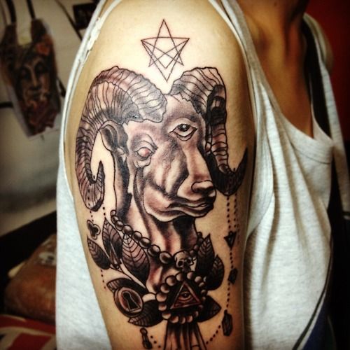 Unique Black Ink Goat Head Tattoo On Right Half Sleeve