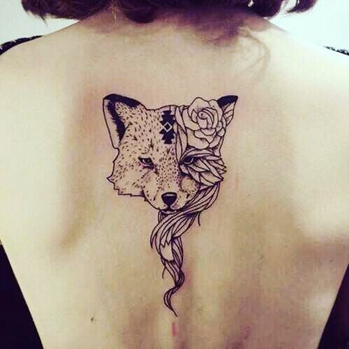 Unique Black Outline Fox Head With Rose Tattoo On Women Upper Back