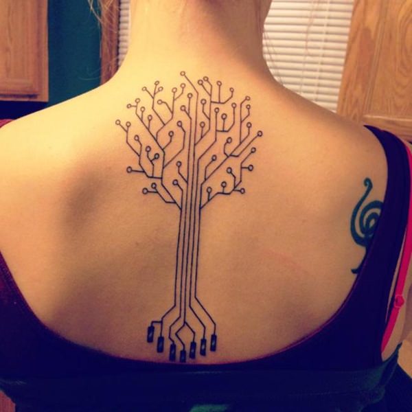 Unique Black Outline Tree Tattoo On Girl Upper Back
