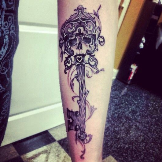 Unique Skull Key Tattoo On Right Arm