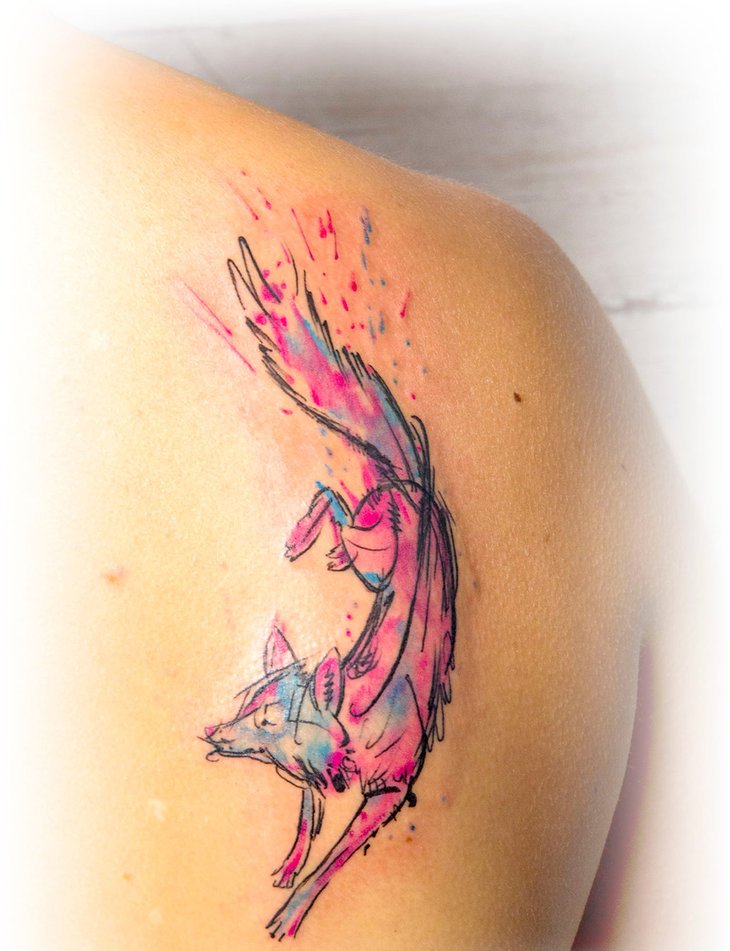 Watercolor Fox Tattoo On Right Back Shoulder