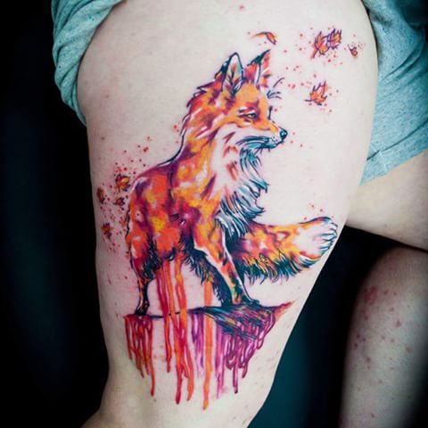 Watercolor Fox Tattoo On Right Thigh