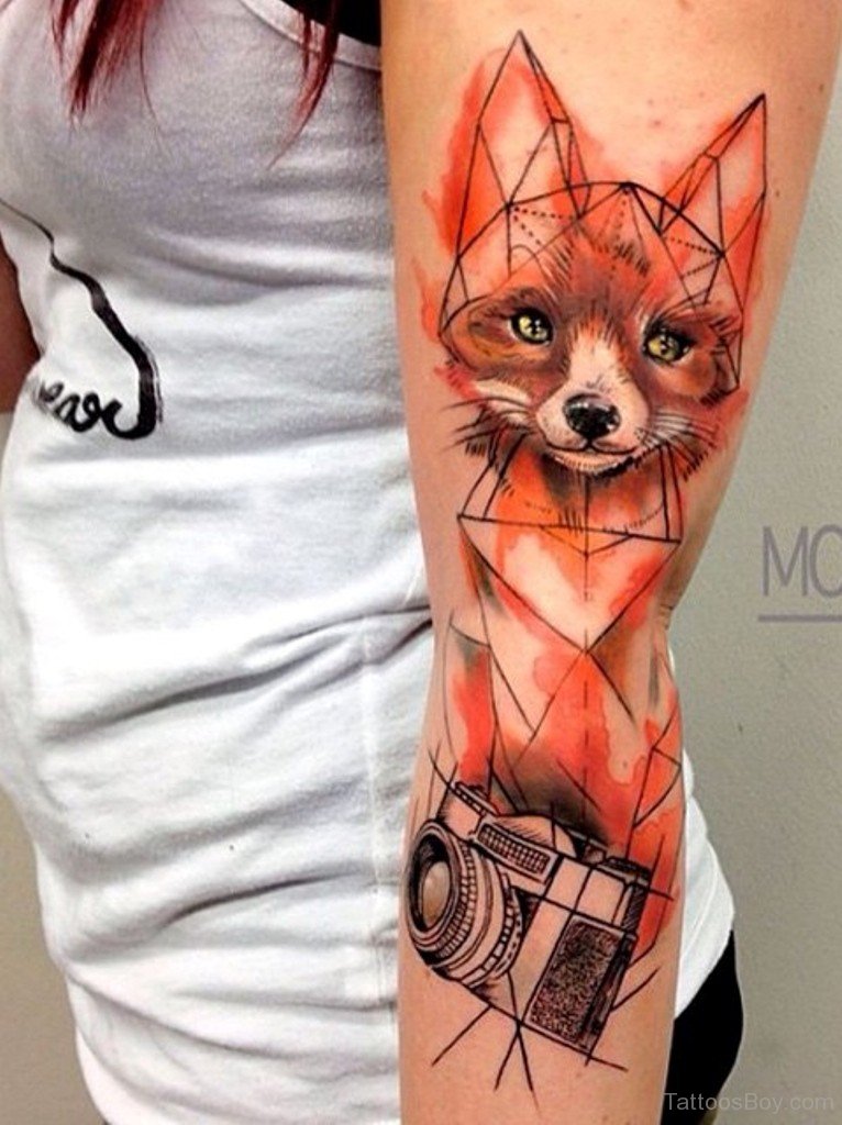 Watercolor Geometric Fox Tattoo On Girl Left Full Sleeve