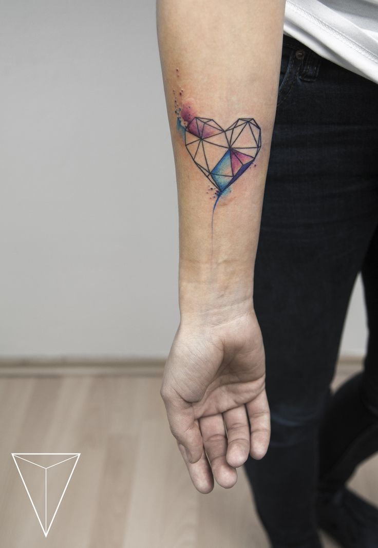 Watercolor Geometric Heart Tattoo On Right Forearm