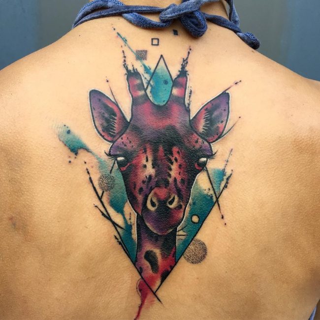 Watercolor Giraffe Head Tattoo On Women Upper Back