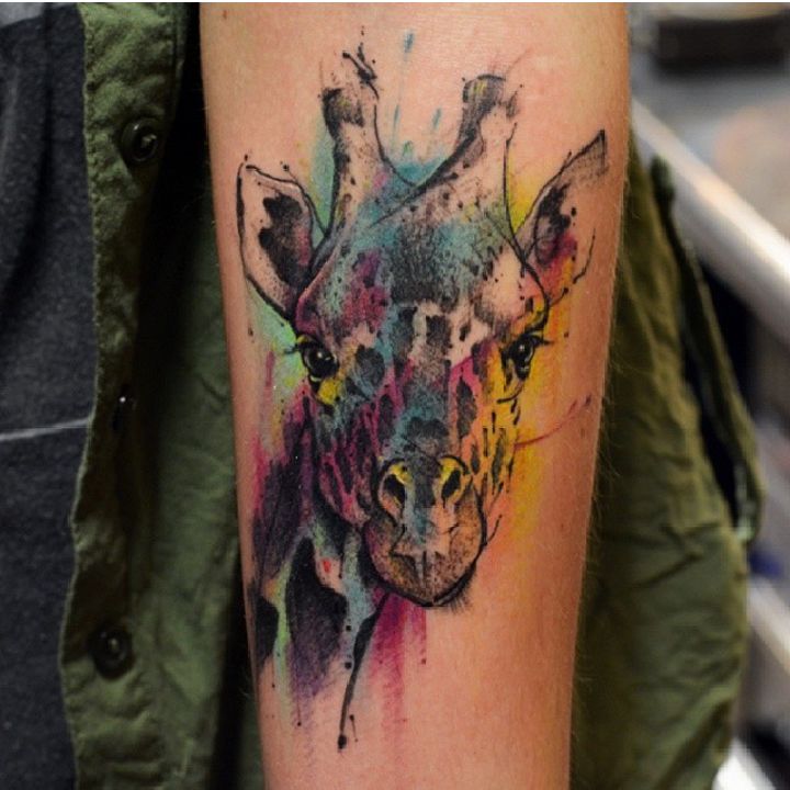Watercolor Giraffe Tattoo On Forearm