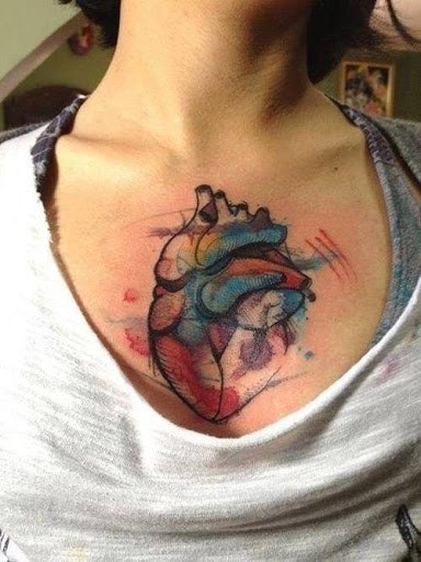 Watercolor Real Heart Tattoo On Girl Collarbone