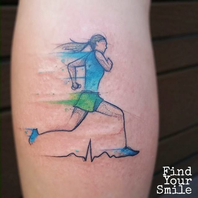 Watercolor Running Girl Tattoo Design For Leg Calf