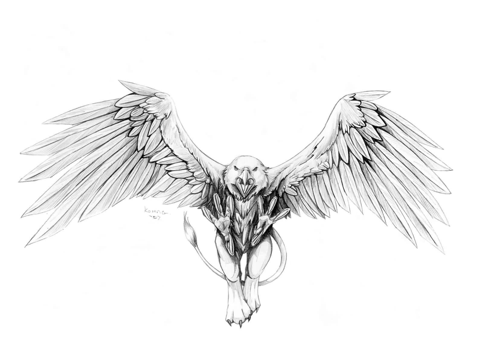 Wonderful Black And Grey Flying Griffin Tattoo Design