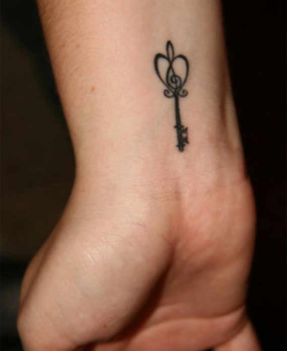 Wonderful Black Heart Key Tattoo On Right Wrist