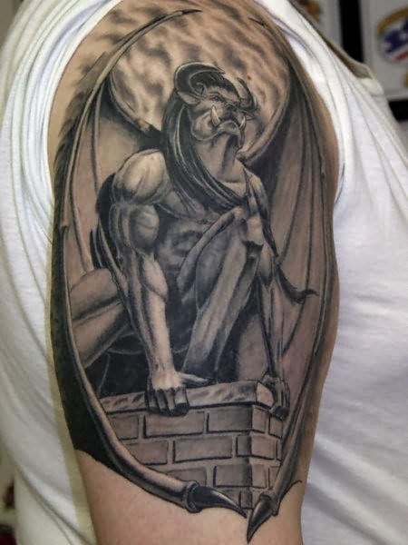 Wonderful Black Ink Gargoyle Tattoo On Right Half Sleeve