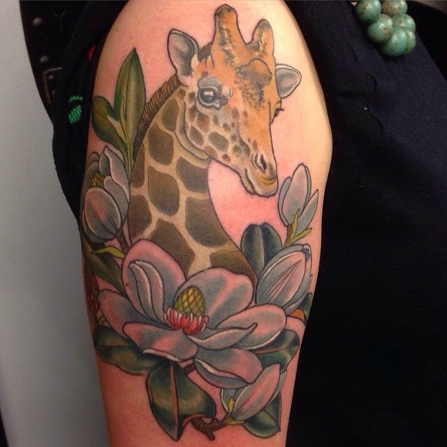 Wonderful Giraffe With Flowers Tattoo On Right Half Sleeve
