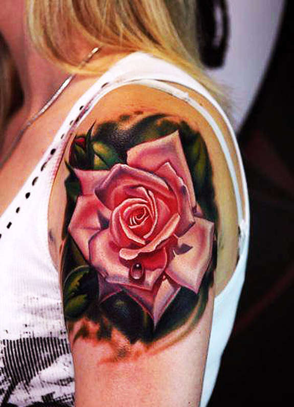 3D Pink Rose Tattoo On Left Shoulder