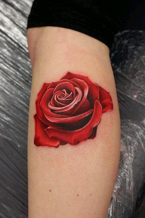 3D Red Rose Tattoo On Side Leg