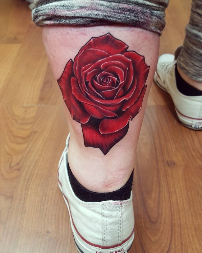 3D Rose Tattoo On Back Leg