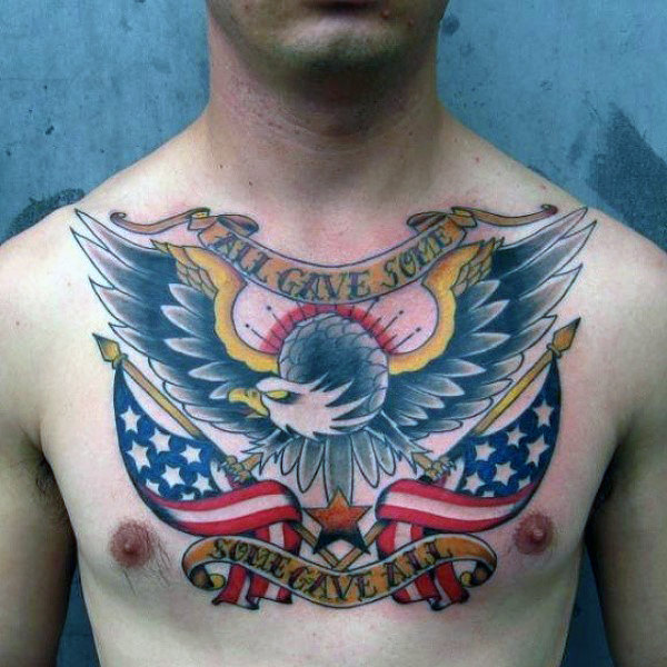 All Gave Some - Some Gave All Banner With Flying American Bald Eagle Tattoo On Chest