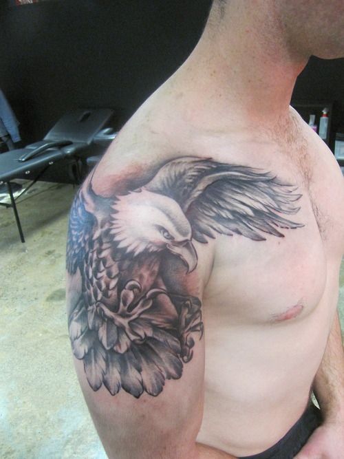 Amazing Grey And Black Eagle Shoulder Tattoo