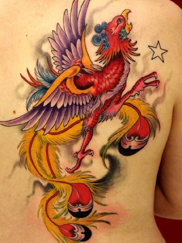 Amazing Outline Star and Red Phoenix Tattoo On Right Back Shoulder