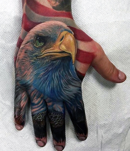 Amrican Eagle Head With Flag Tattoo On Right Hand