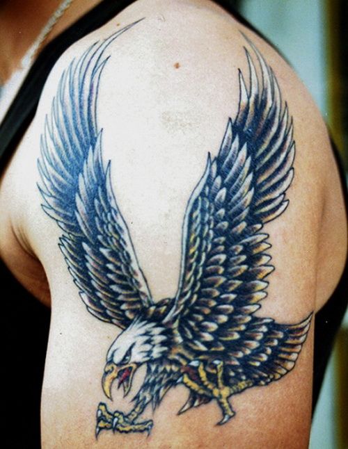 Angry Eagle With Open Wings Tattooed On Left Shoulder