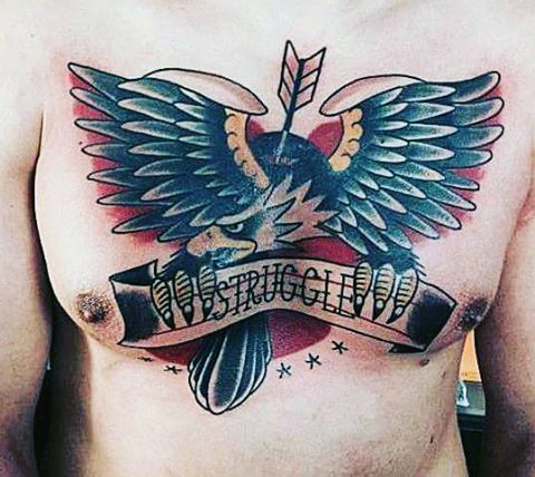 Arrow Pierced In Eagle Tattoo On Man Chest With Struggle Banner