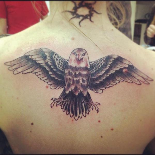 Awesome Flying Eagle Tattoo On Upper Back
